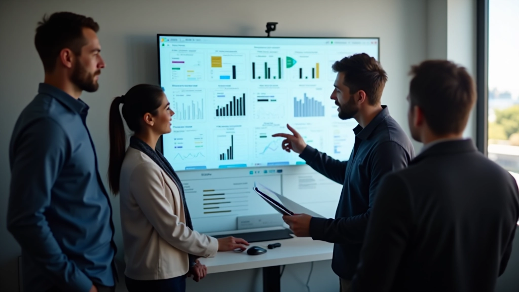 QA team in collaborative discussion reviewing feedback data on a large monitor in a modern office setting