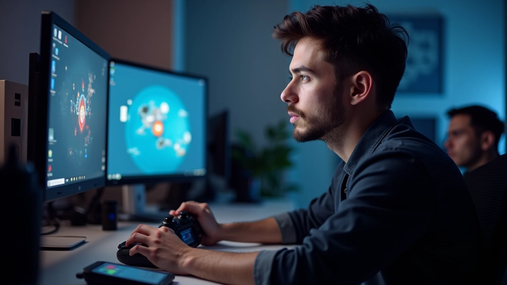 Game tester sitting at desk with multiple monitors displaying gameplay footage and test notes