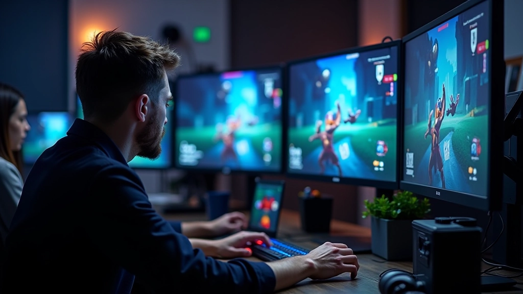 Modern game testing workstation with multiple monitors displaying gameplay and test documentation