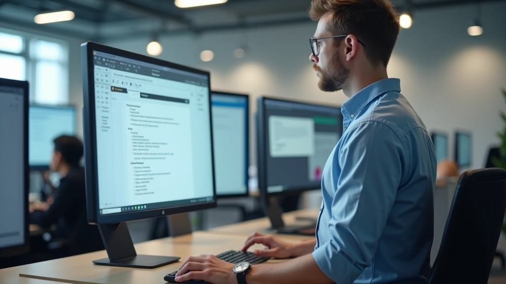 Developer at standing desk reviewing game build notes and feedback implementation document on computer screen
