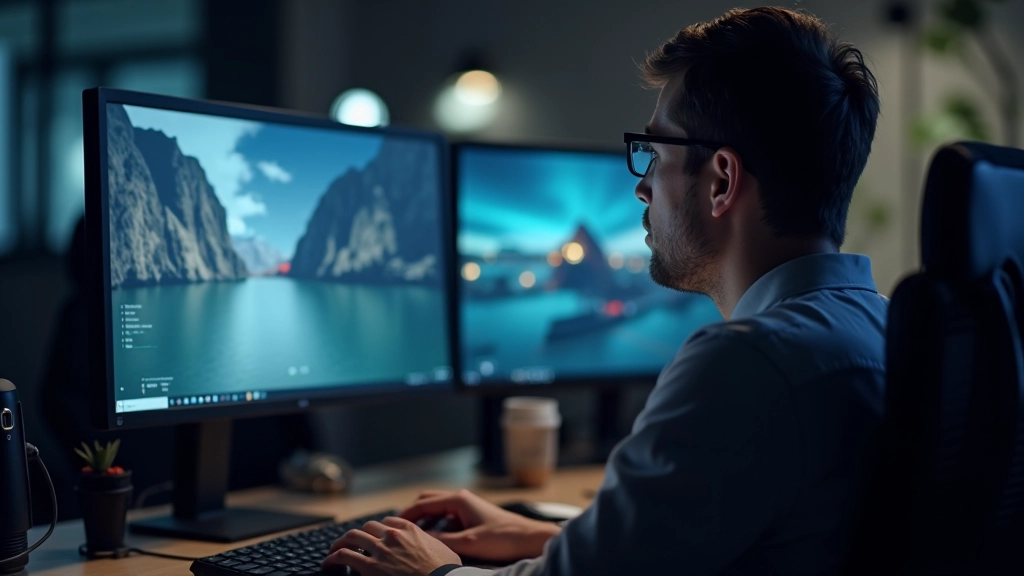 QA tester reviewing playtesting session video footage on dual monitors in modern testing lab