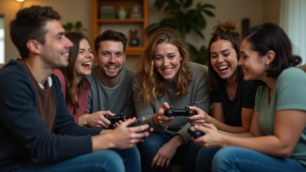 Group of playtesters gathered around a TV testing a game together with controllers in hand