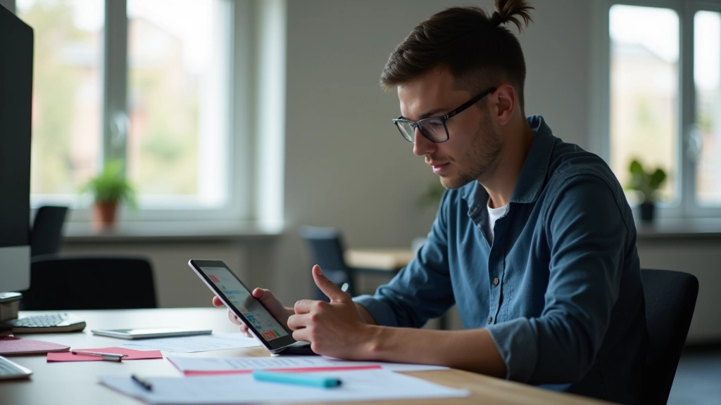 QA manager reviewing test results and feedback notes on a tablet while sitting in a modern office